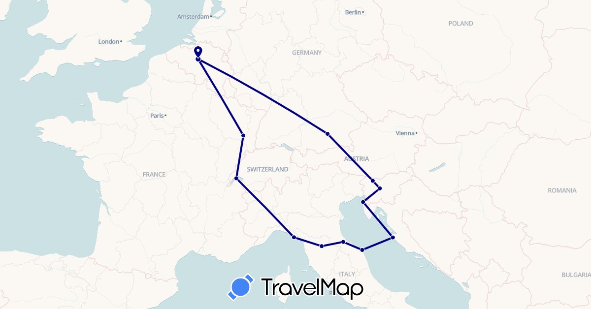 TravelMap itinerary: driving in Belgium, Germany, France, Croatia, Italy, Slovenia, San Marino (Europe)